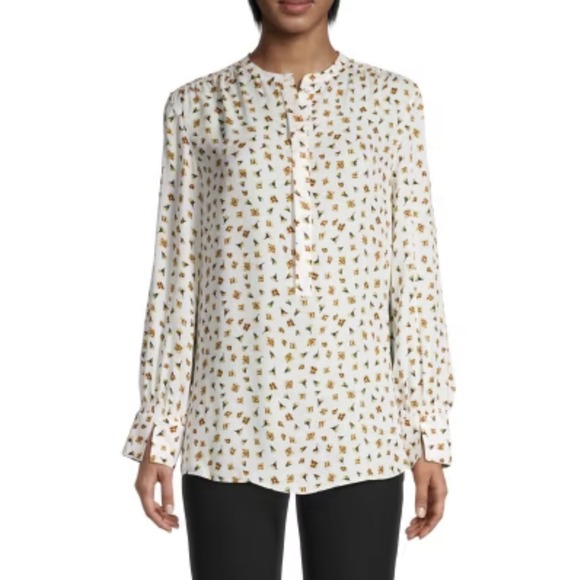Elie Tahari Tops - Elie Tahari Blouse‎ Medium Beige  Floral Long Sleeve Silk Shirt Blouse